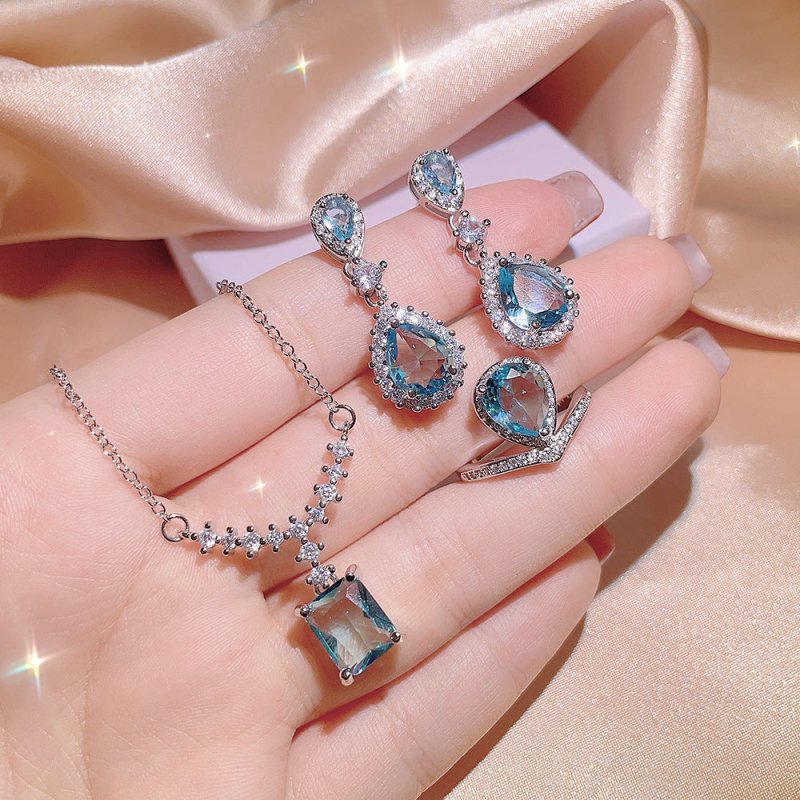 Women's Inlaid Blue Zircon Ring Earrings Necklace-Jewearrings