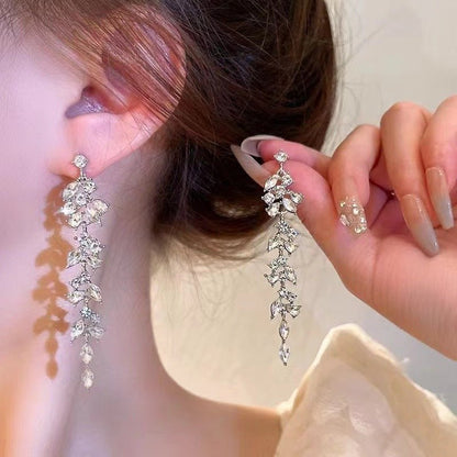 Women's Light Luxury Crystal Diamond Leaf Tassel Earrings-Jewearrings