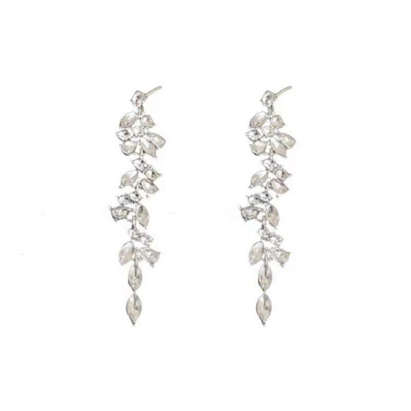 Women's Light Luxury Crystal Diamond Leaf Tassel Earrings-Jewearrings