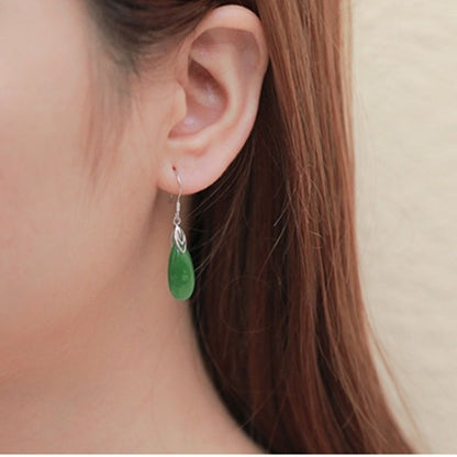 Women's Long Drop Jade Earrings With Vintage Earrings in Sterling Silver-Jewearrings