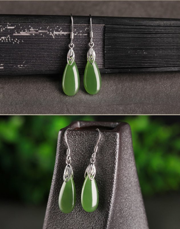 Women's Long Drop Jade Earrings With Vintage Earrings in Sterling Silver-Jewearrings