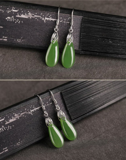 Women's Long Drop Jade Earrings With Vintage Earrings in Sterling Silver-Jewearrings