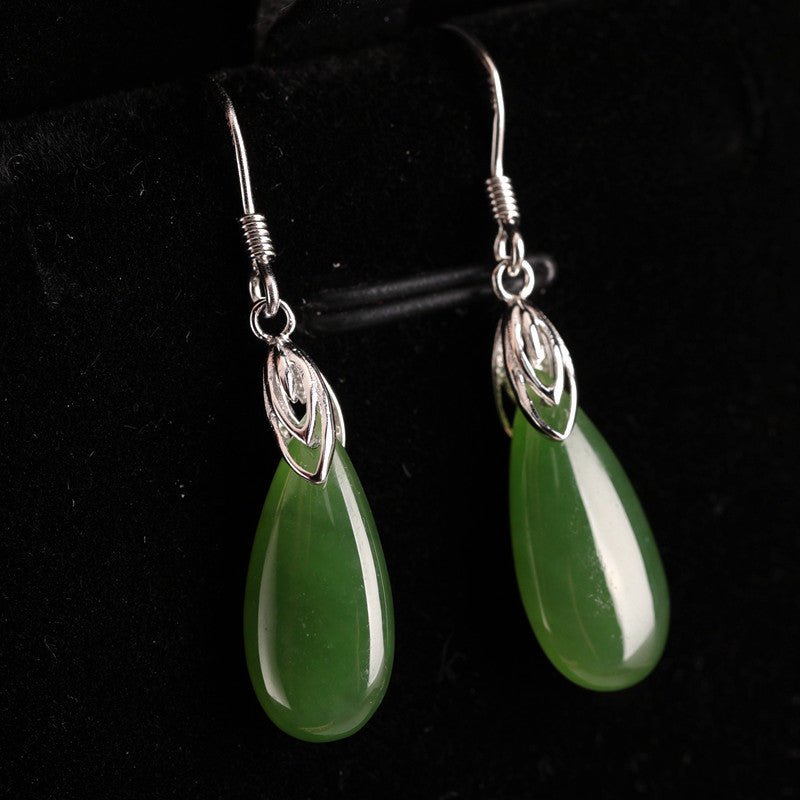 Women's Long Drop Jade Earrings With Vintage Earrings in Sterling Silver-Jewearrings