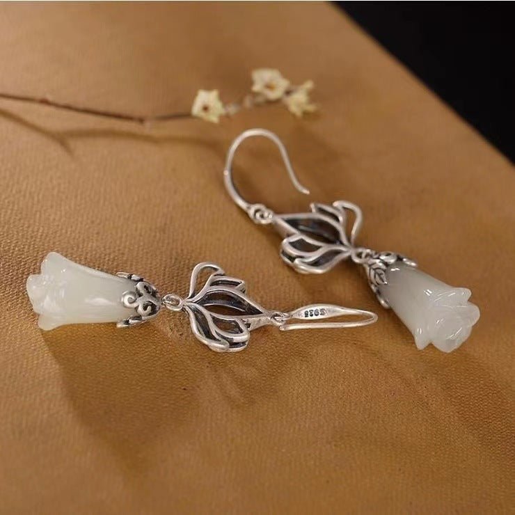 Women's Long Orchid White Jade Earrings With A Pure Silver S925 Temperament-Jewearrings