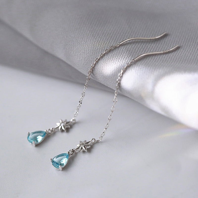 Women's Long Wavy Ear Line Blue Water Drop Sun Earrings-Jewearrings