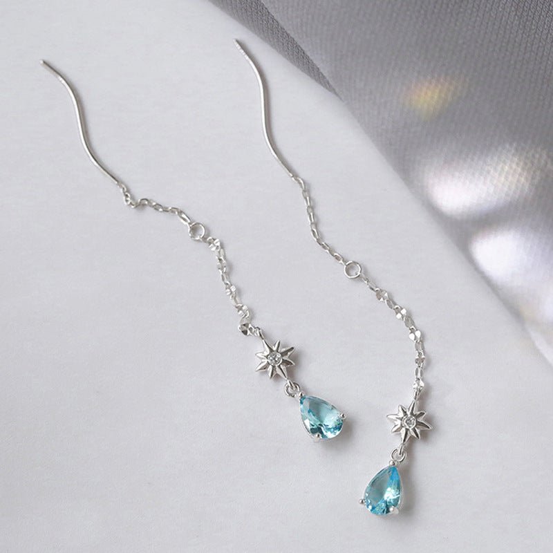 Women's Long Wavy Ear Line Blue Water Drop Sun Earrings-Jewearrings