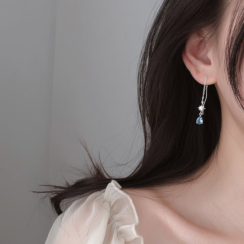 Women's Long Wavy Ear Line Blue Water Drop Sun Earrings-Jewearrings