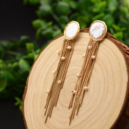 Women's Natural Baroque Pearl Tassel Earrings-Jewearrings