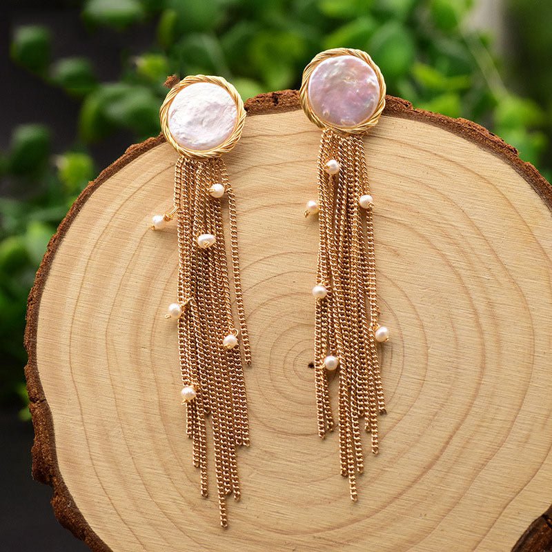 Women's Natural Baroque Pearl Tassel Earrings-Jewearrings