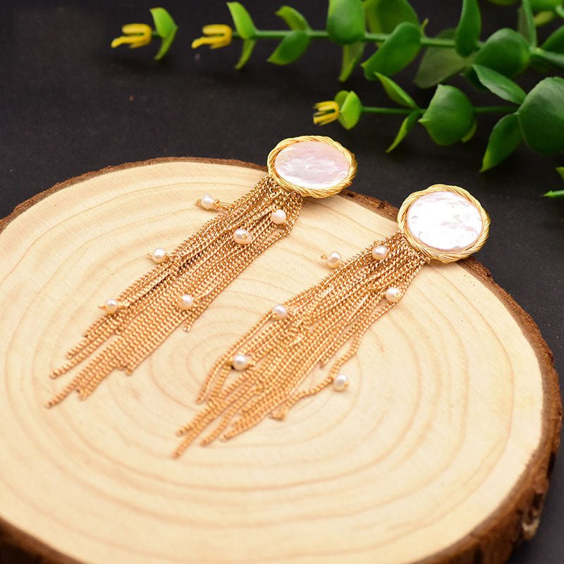 Women's Natural Baroque Pearl Tassel Earrings-Jewearrings