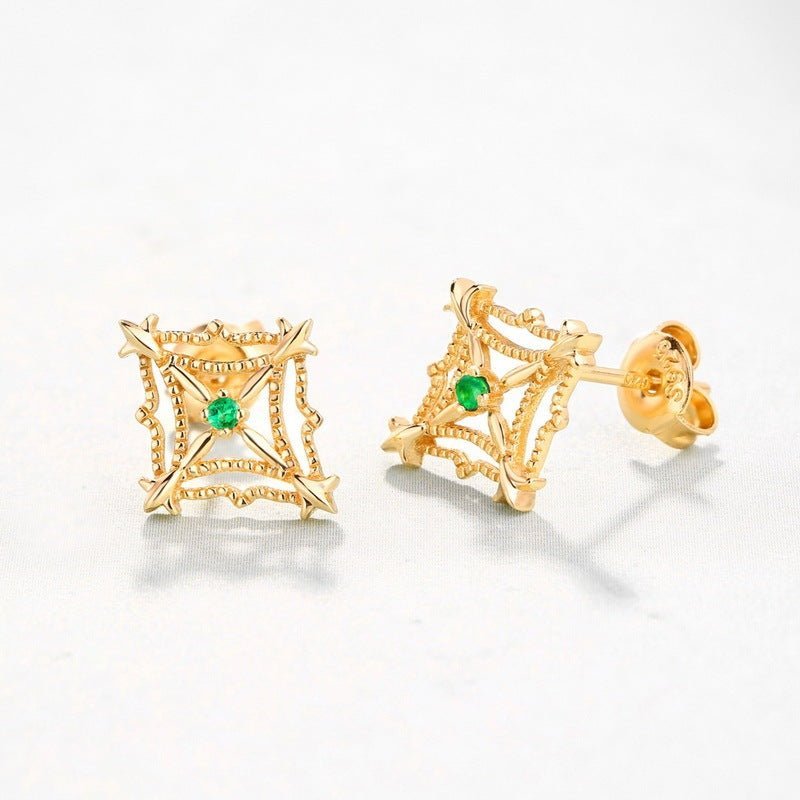 Women's Natural Emerald Retro Diamond Cut Beaded Hollow Stud Earrings-Jewearrings