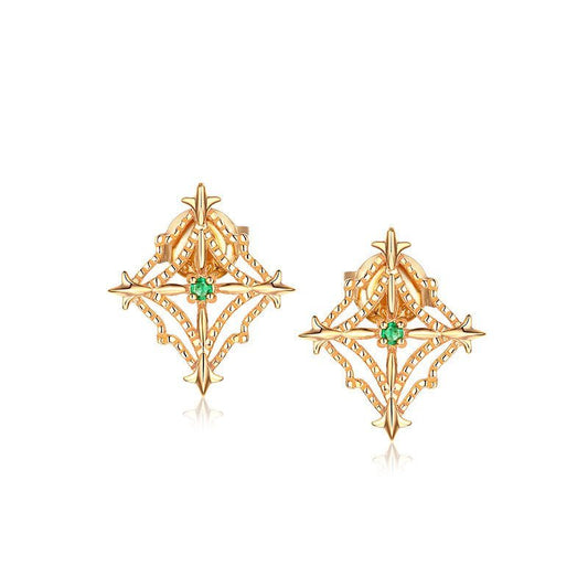 Women's Natural Emerald Retro Diamond Cut Beaded Hollow Stud Earrings-Jewearrings