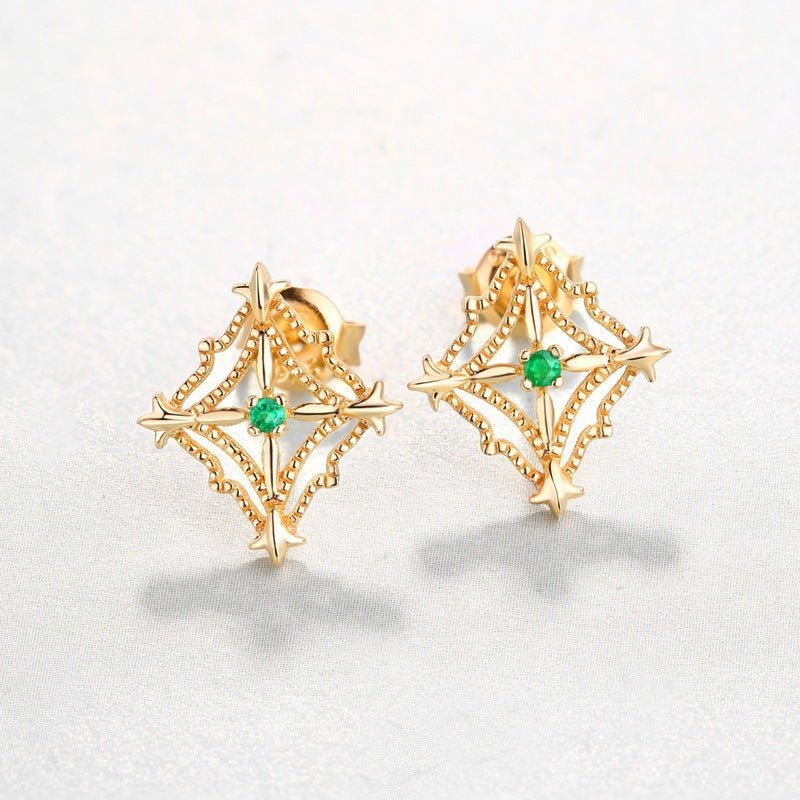 Women's Natural Emerald Retro Diamond Cut Beaded Hollow Stud Earrings-Jewearrings