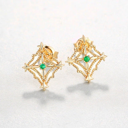 Women's Natural Emerald Retro Diamond Cut Beaded Hollow Stud Earrings-Jewearrings