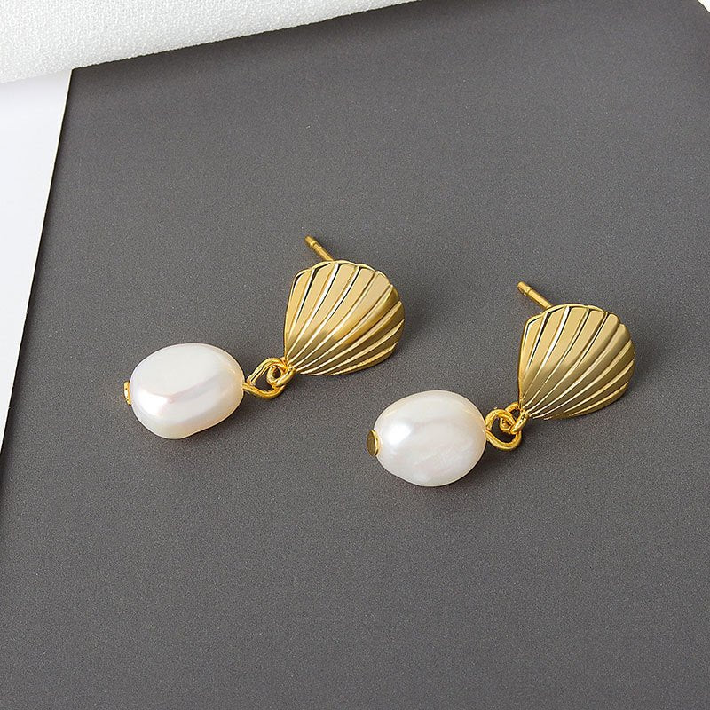 Women's Natural Gold Shell Pearl Earrings-Jewearrings