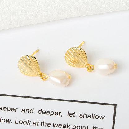 Women's Natural Gold Shell Pearl Earrings-Jewearrings