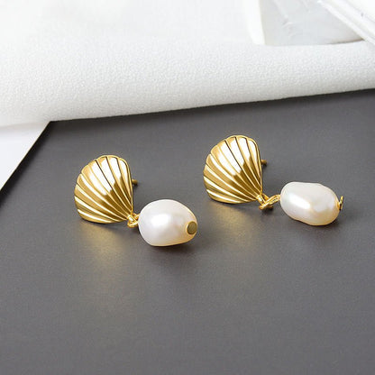 Women's Natural Gold Shell Pearl Earrings-Jewearrings