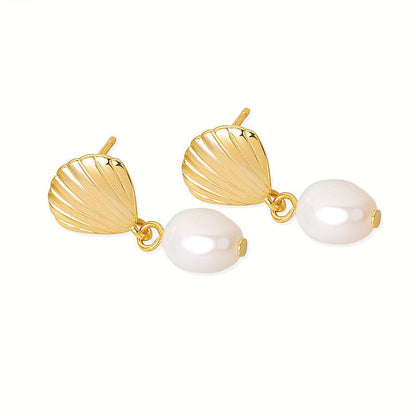 Women's Natural Gold Shell Pearl Earrings-Jewearrings