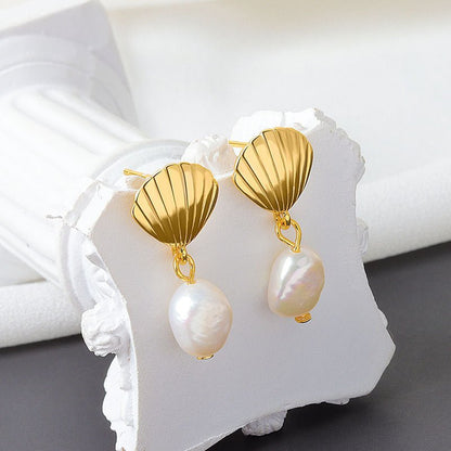 Women's Natural Gold Shell Pearl Earrings-Jewearrings