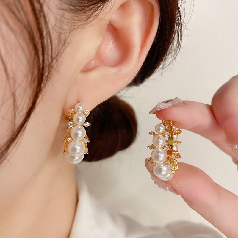 Women's Niche Pearl And Diamond Hoop Earrings-Jewearrings