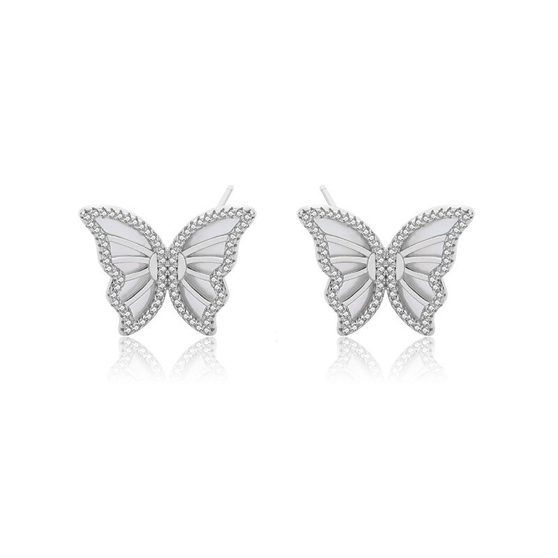 Women's Retro Micro Inlaid Zircon Sterling Silver White Shell Butterfly Earrings-Jewearrings