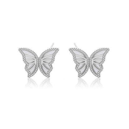 Women's Retro Micro Inlaid Zircon Sterling Silver White Shell Butterfly Earrings-Jewearrings