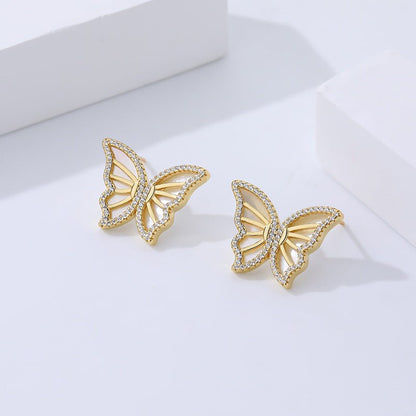 Women's Retro Micro Inlaid Zircon Sterling Silver White Shell Butterfly Earrings-Jewearrings