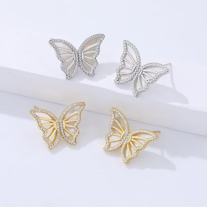 Women's Retro Micro Inlaid Zircon Sterling Silver White Shell Butterfly Earrings-Jewearrings