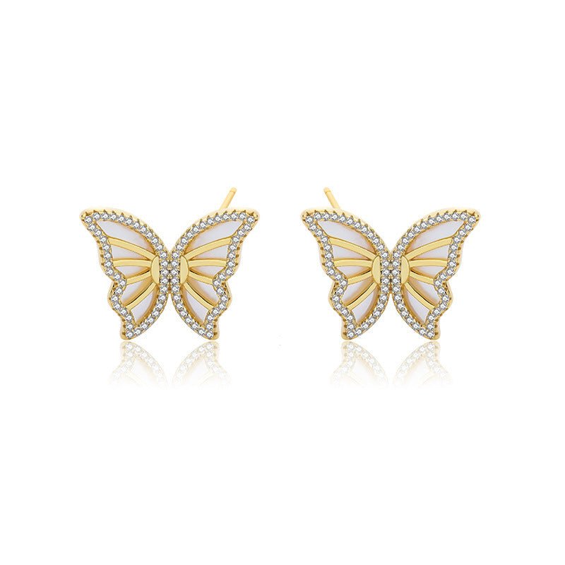 Women's Retro Micro Inlaid Zircon Sterling Silver White Shell Butterfly Earrings-Jewearrings