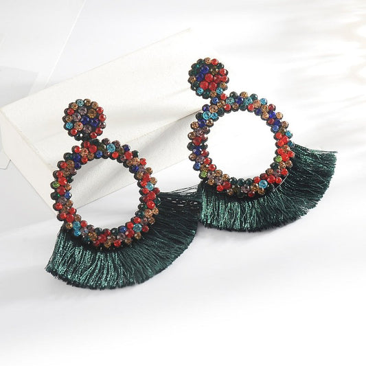 Women's rhinestone Tassel Earrings Exaggerated Colorful Geometric Big Earrings-Jewearrings