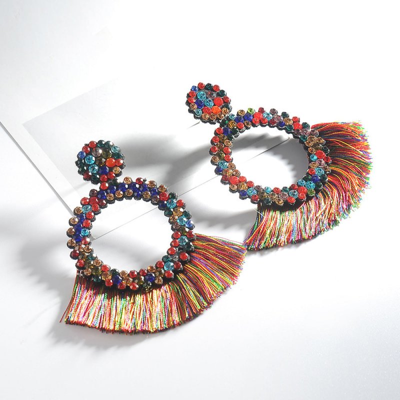 Women's rhinestone Tassel Earrings Exaggerated Colorful Geometric Big Earrings-Jewearrings