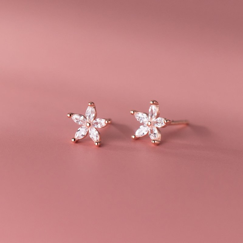 Women's S925 Sterling Silver Diamond Five Petal Flower Stud Earrings-Jewearrings