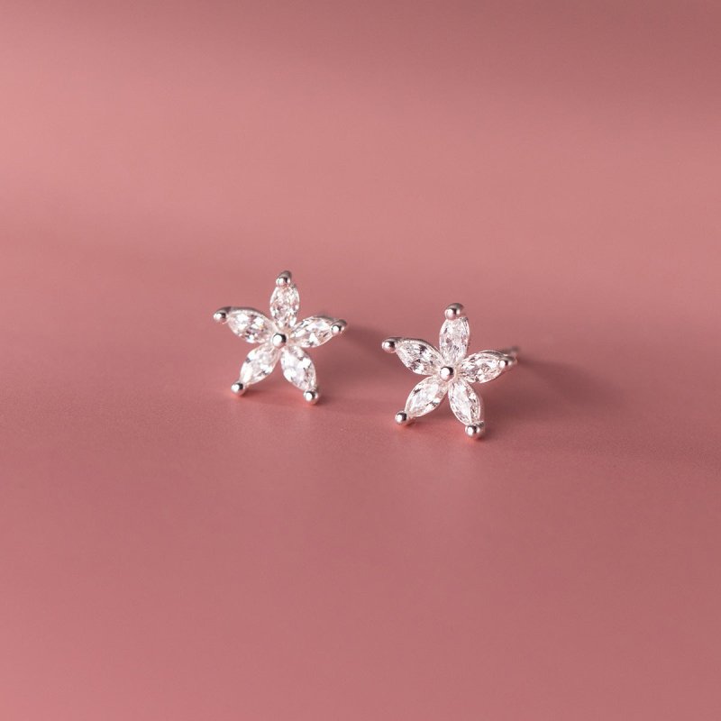 Women's S925 Sterling Silver Diamond Five Petal Flower Stud Earrings-Jewearrings