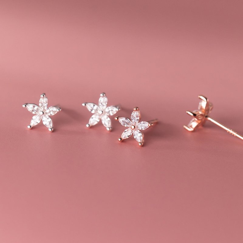 Women's S925 Sterling Silver Diamond Five Petal Flower Stud Earrings-Jewearrings