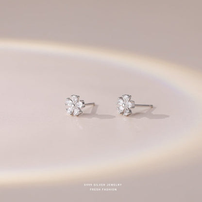 Women's S999 Pure Silver Mini Petal Diamond Stud Earrings-Jewearrings