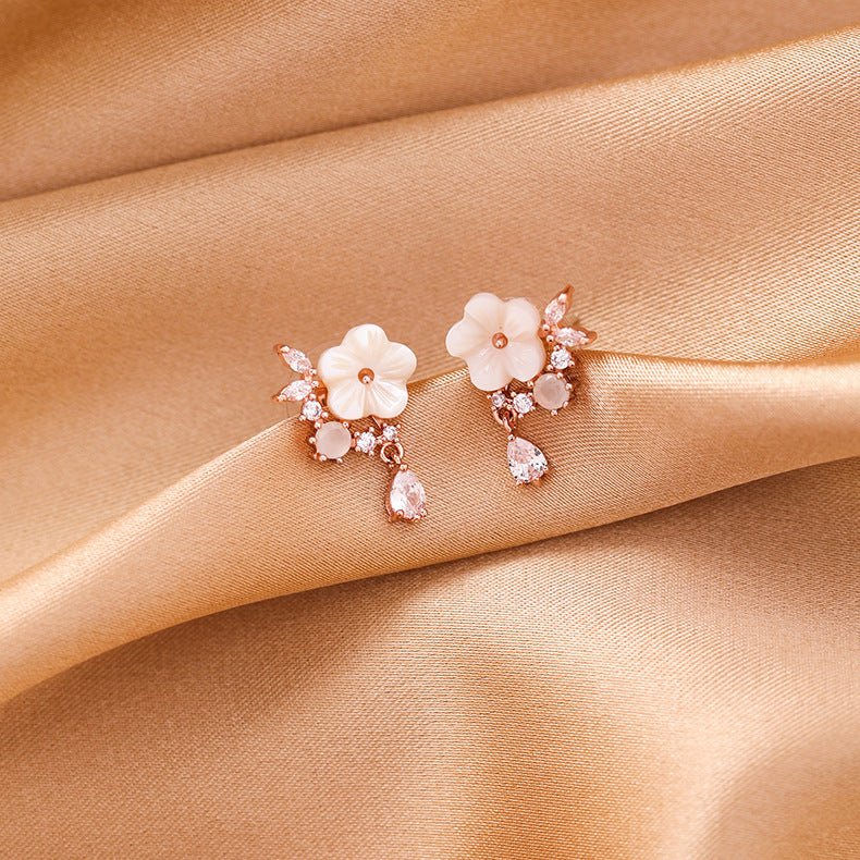 Women's Shell Flower Drop Zircon Earrings-Jewearrings