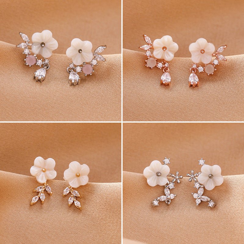 Women's Shell Flower Drop Zircon Earrings-Jewearrings