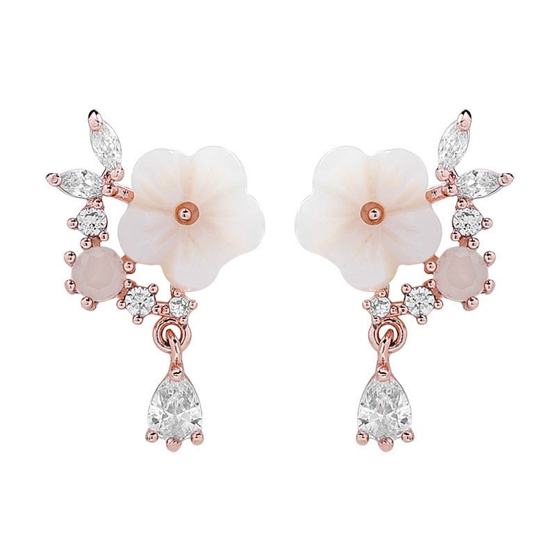 Women's Shell Flower Drop Zircon Earrings-Jewearrings