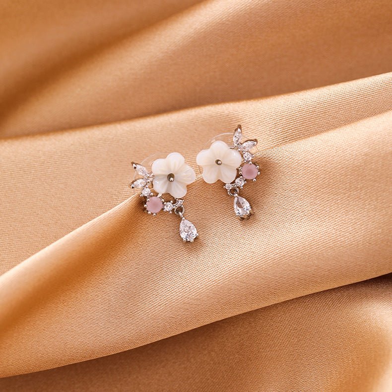 Women's Shell Flower Drop Zircon Earrings-Jewearrings