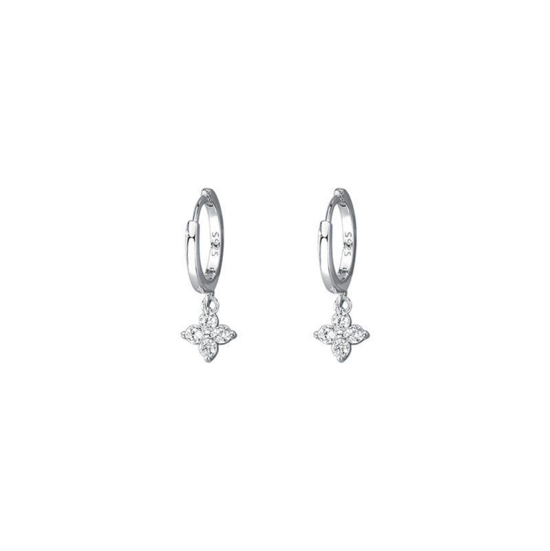 Women's Silver Temperament Simple Diamond Four Leaf Flower Earrings-Jewearrings