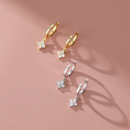 Women's Silver Temperament Simple Diamond Four Leaf Flower Earrings-Jewearrings