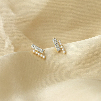 Women's Simple Graceful Double Row Diamond Pearl Earrings-Jewearrings