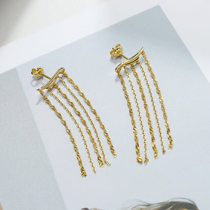 Women's Sterling Silver Gold Plated Long Dangling Tassel Earrings-Jewearrings