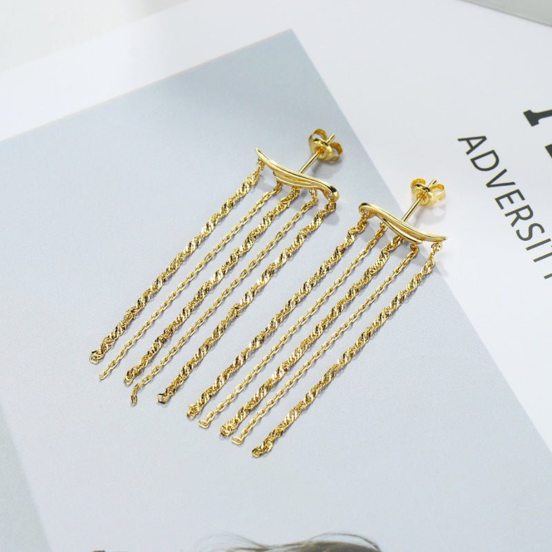 Women's Sterling Silver Gold Plated Long Dangling Tassel Earrings-Jewearrings