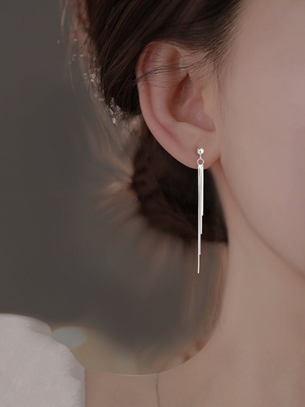 Women's Sterling Silver Long Tassel Earrings-Jewearrings