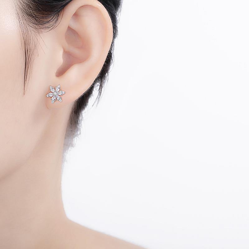 Women's Sterling Silver Six-petal Snowflake Diamond Stud Earrings-Jewearrings