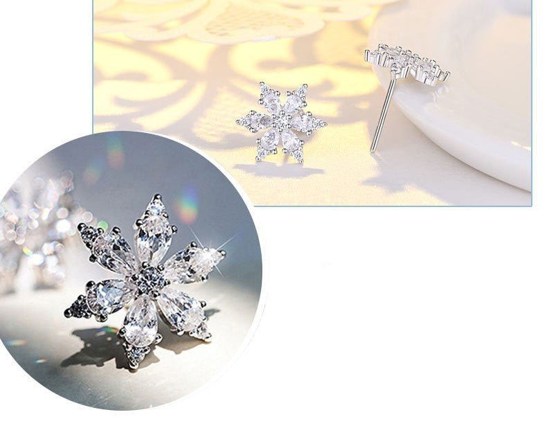 Women's Sterling Silver Six-petal Snowflake Diamond Stud Earrings-Jewearrings