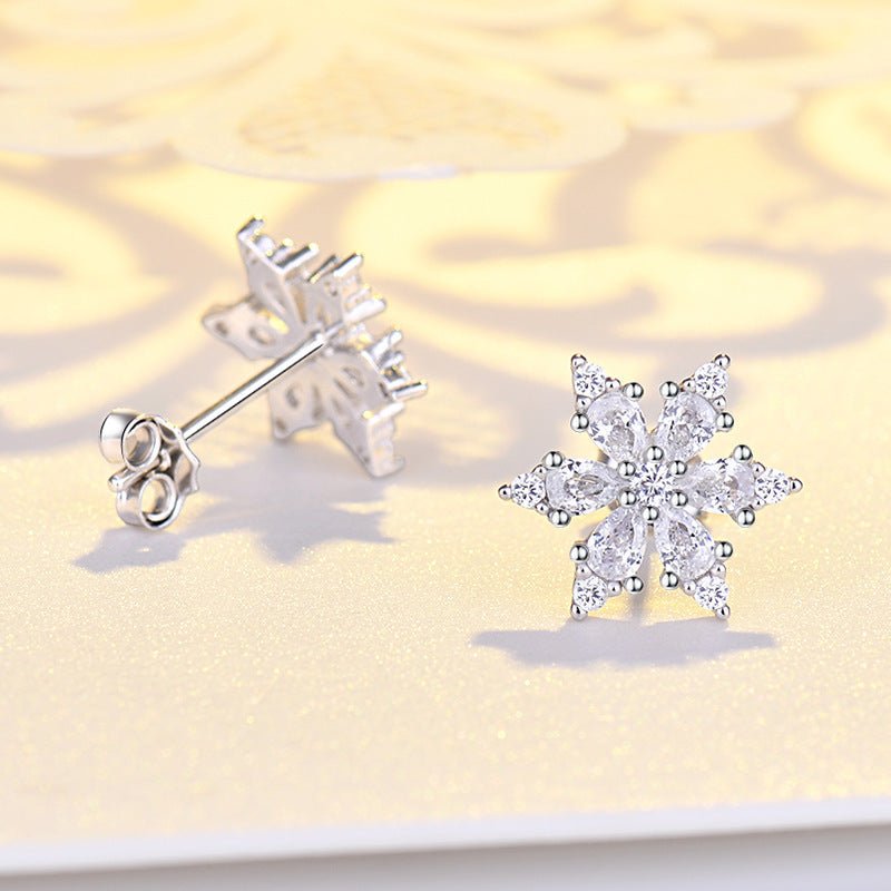 Women's Sterling Silver Six-petal Snowflake Diamond Stud Earrings-Jewearrings