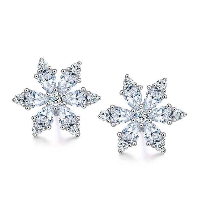 Women's Sterling Silver Six-petal Snowflake Diamond Stud Earrings-Jewearrings