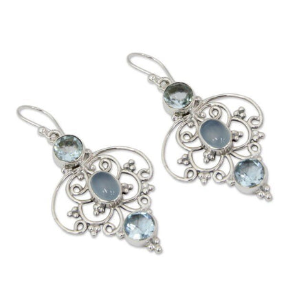 Women's Vintage Thai Silver Blue Three Diamond Earrings-Jewearrings